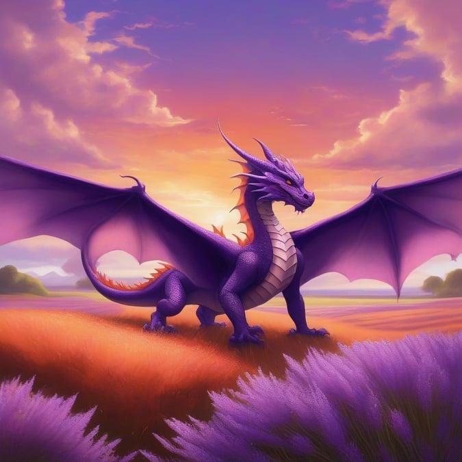 Ein majestätisches Anime-Bild eines Drachen, der durch ein Lavendelfeld fliegt, vor einem warmen orange-rosa Himmel mit Wolken, das einen Moment der Ruhe einfängt.