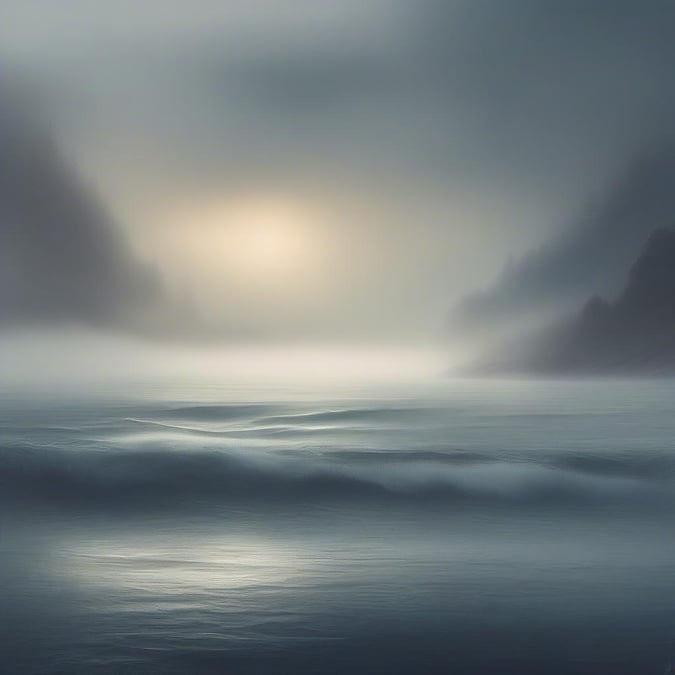 An ethereal scene of fog rolling in over the ocean with a sunrise peeking through, creating a tranquil atmosphere.