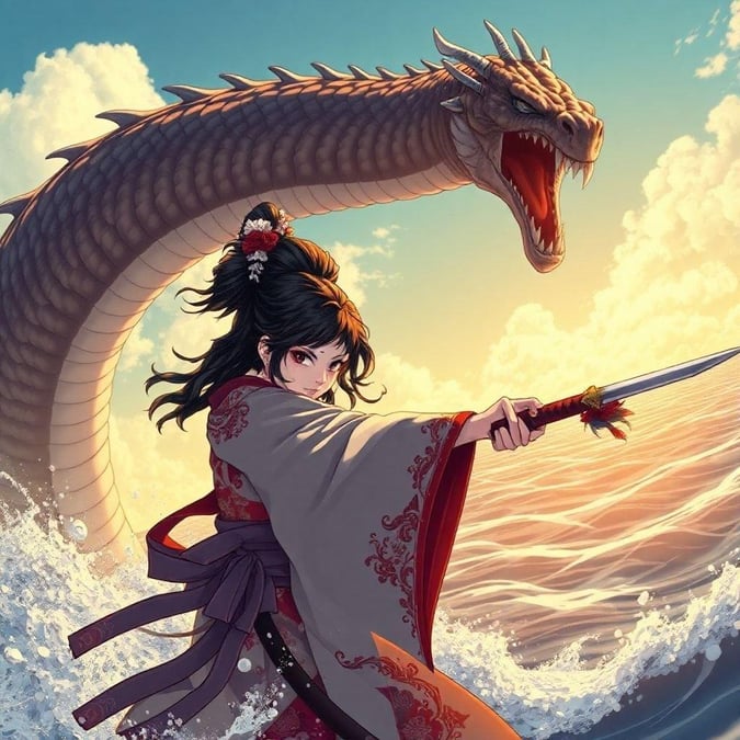 A captivating anime illustration of a geisha warrior battling a giant serpent amidst a stunning ocean and sky backdrop.