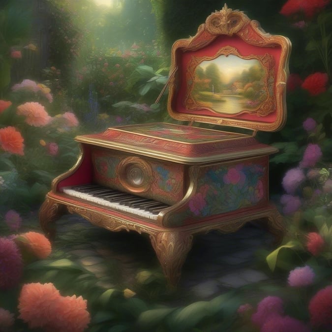 Celebrate the magic of love with this enchanting musical instrument. The fairy tale piano sits in a garden blooming with flowers, evoking the spirit of Valentine's Day.