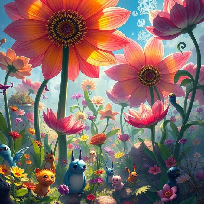 A vibrant flower field blooms to life, surrounded by beloved Pokémon characters. The lush garden is a feast for the eyes, bursting with cheerful flowers that add warmth and color to any desktop or mobile device.