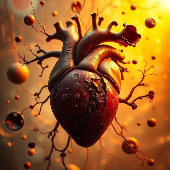 A 3D rendering of a heart with a cracked surface, surrounded by floating spheres and branches, inviting contemplation on the meaning and significance of life and death.