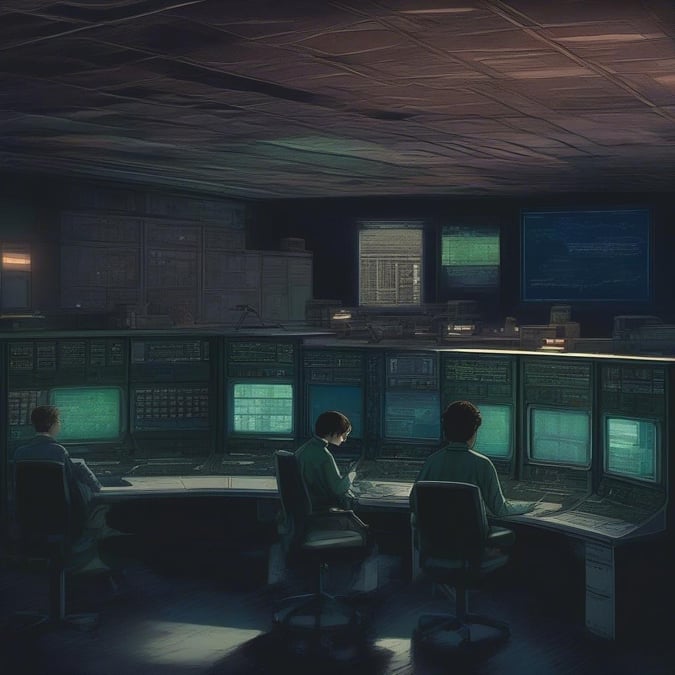 A group of people working in a dimly lit room, surrounded by computer screens and monitors, creating an intense and focused atmosphere.