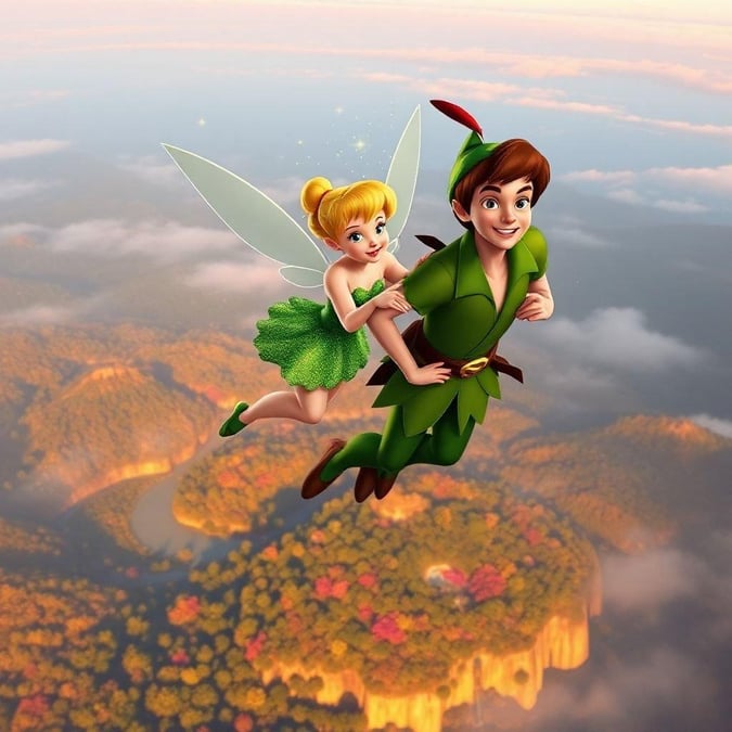 This image features Peter Pan and Tinker Bell soaring above the city of London, with the iconic skyline serving as a stunning backdrop. The vibrant colors and whimsical details bring the beloved Disney characters to life, making this image a delightful addition to any desktop or mobile wallpaper collection.