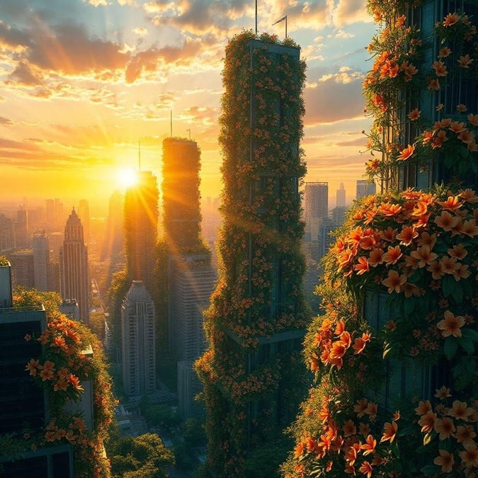 A vibrant cityscape where urban structures are adorned with blooming flowers, painting a serene picture against the backdrop of a setting sun.