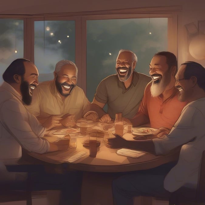 Six men sharing laughter at a family dinner, enjoying each other's company on this special day.