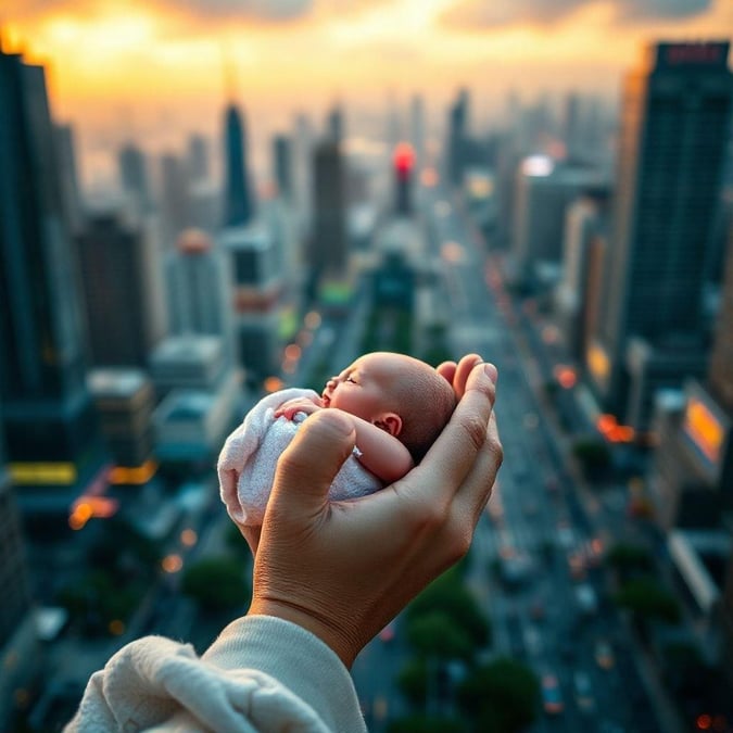 Celebrate Mother's Day with this inspiring city skyline backdrop featuring a baby being held aloft over the bustling metropolis.