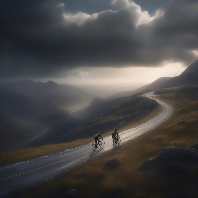 A casual adventure along mountain roads. Two cyclists enjoying the scenic route with a dramatic sky backdrop.