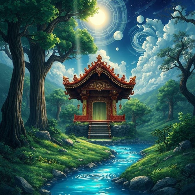 Immerse yourself in the serene beauty of this anime shrine nestled in a lush green valley, surrounded by ancient trees and a mysterious sky. The intricate carvings and glowing light of the shrine create a captivating focal point, while the serene river in the foreground captures a peaceful moment in nature.