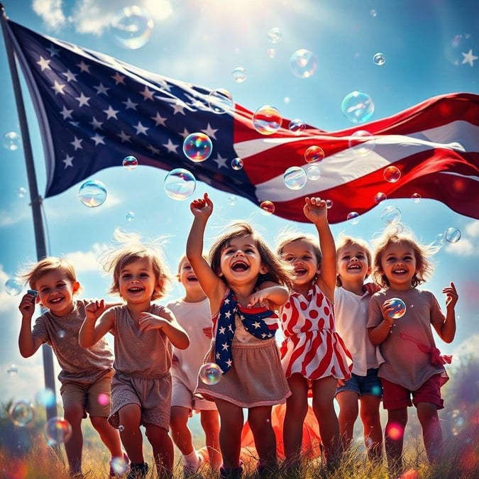 This image captures the joy and patriotism of America's birthday. A group of children, full of excitement and pride, stand under a vibrant American flag, their faces lit up with smiles as they celebrate the day. The sky behind them is clear and blue, perfect for a sunny celebration, and bubbles add a playful touch to the scene.