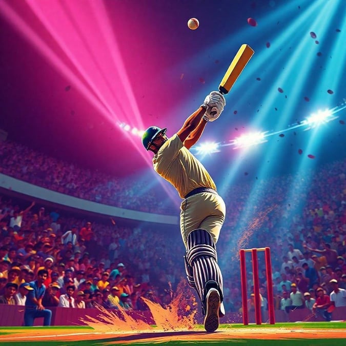 A dynamic scene of a baseball player in action, captured with a focus on the batter swinging at a pitch. The stadium lights illuminate the athlete against the night sky as he attempts to hit the incoming ball.