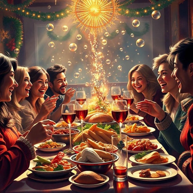 A warm festive gathering around the table. The joyous celebration of Christmas and ringing in the new year with loved ones.