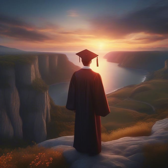 A graduate stands on a cliff overlooking the ocean, gazing out at the breathtaking sunset, symbolizing the end of one chapter and the beginning of a new journey.