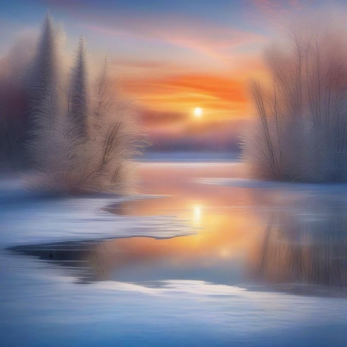 This beautiful winter sunset wallpaper captures the serene and peaceful atmosphere of a cold winter evening. The image features a stunning sunset over a frozen lake, with the sky painted in shades of orange, pink, and purple. The snow-covered trees and the frozen lake create a sense of tranquility and calmness, making it the perfect wallpaper for your desktop or mobile device.