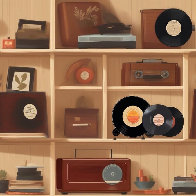 A nostalgic collection of vintage vinyl records displayed on a bookshelf, reminiscent of classic record stores.