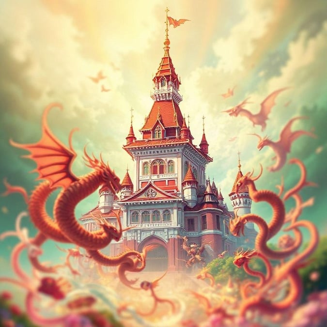 Immerse yourself in the world of anime with this stunning wallpaper featuring a majestic castle and mythical creatures.