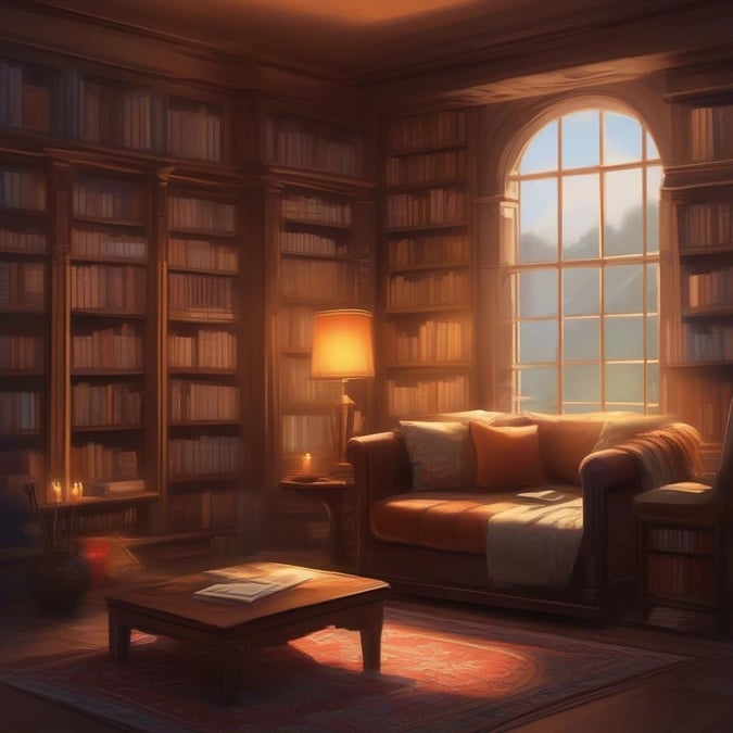 Relax in this inviting study area, perfect for back-to-school reading sessions. A warmly lit room with a comfortable couch for diving into your favorite books.