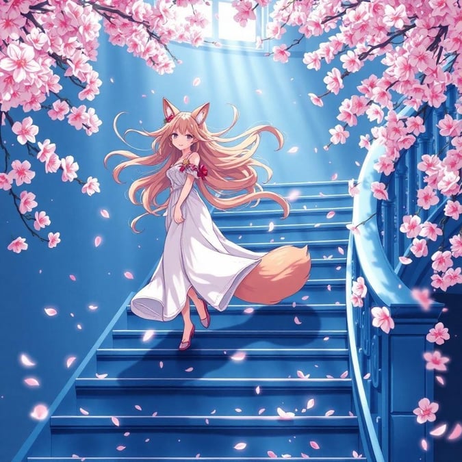 A captivating anime-style illustration featuring a kawaii fox goddess gracefully ascending a staircase, her hair a vibrant tapestry of pink and white blossoms.