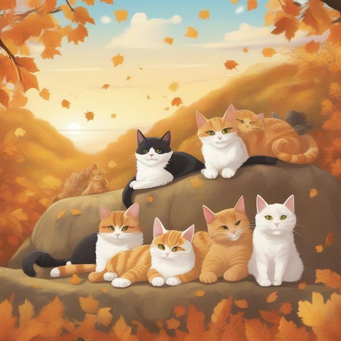 Cette scène cozy capture un groupe de chats profitant de la beauté sereine d'une journée d'automne. Les teintes chaudes de l'automne peignent le paysage, avec des feuilles tombant doucement autour d'eux.