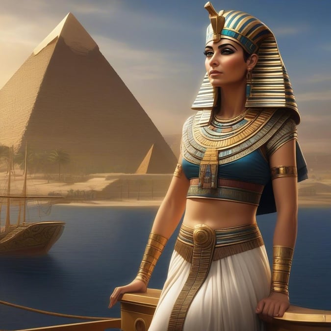 Egyptian queen standing at the edge of the Nile, with an iconic pyramid in the background.