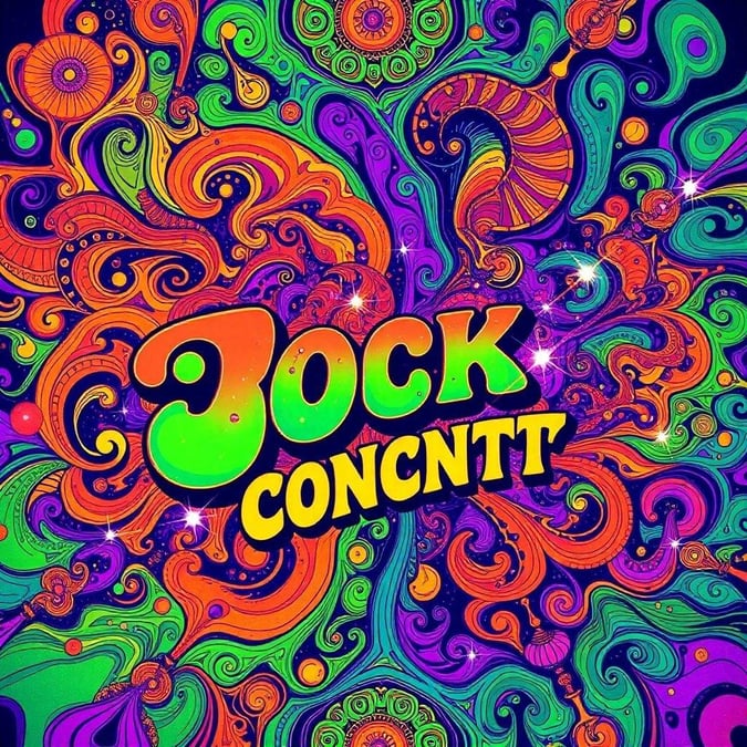 A retro-style concert poster for an event called 'Jock Concert'. The image has a psychedelic design with bright, vivid colors that give it the appearance of a vintage wallpaper.