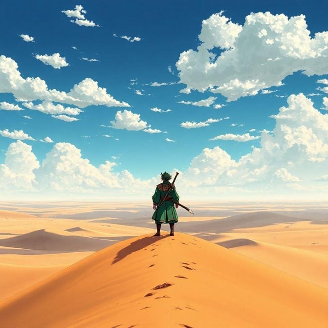 Immerse yourself in the serene beauty of this anime-inspired wallpaper, featuring a samurai standing at the edge of a vast desert landscape. The vibrant green and brown fur of the samurai contrasts with the sandy terrain, while the fluffy clouds in the sky add to the sense of solitude and tranquility.