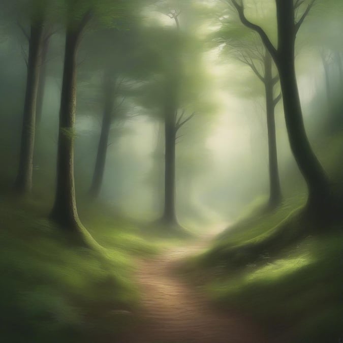 A misty trail leading into the heart of a serene forest, where nature's beauty unfolds in all its tranquility.