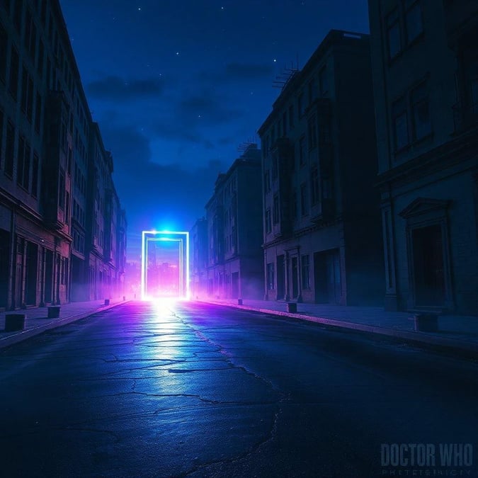 A quiet city street at night, lit by neon lights, leads towards a mysterious blue light. Inspired by sci-fi movies and TV shows.