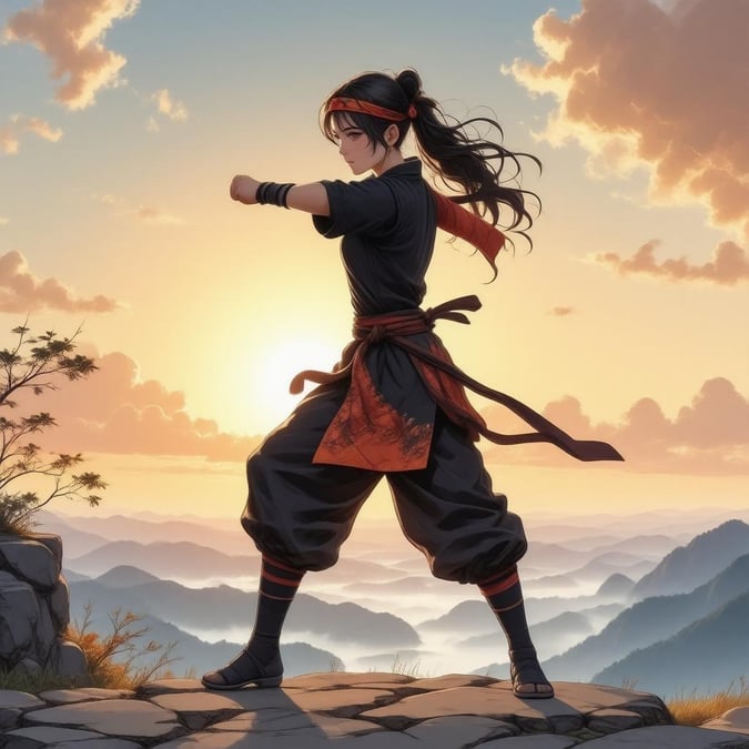 Experience the serenity of a young ninja's training session on a cliffside, set against the breathtaking backdrop of a sunset.