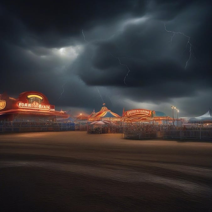 A bustling carnival scene with vibrant lights illuminating the rainy night, capturing the spirit of resilience and community.