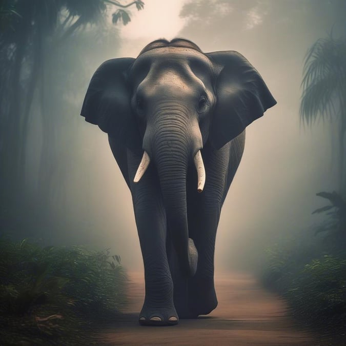 A majestic elephant ventures into the misty forest, a solitary figure on its path.