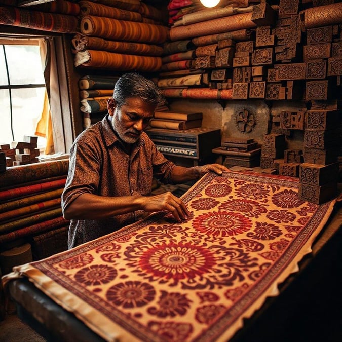 A man in a traditional setting crafting exquisite Persian rugs with vibrant patterns.