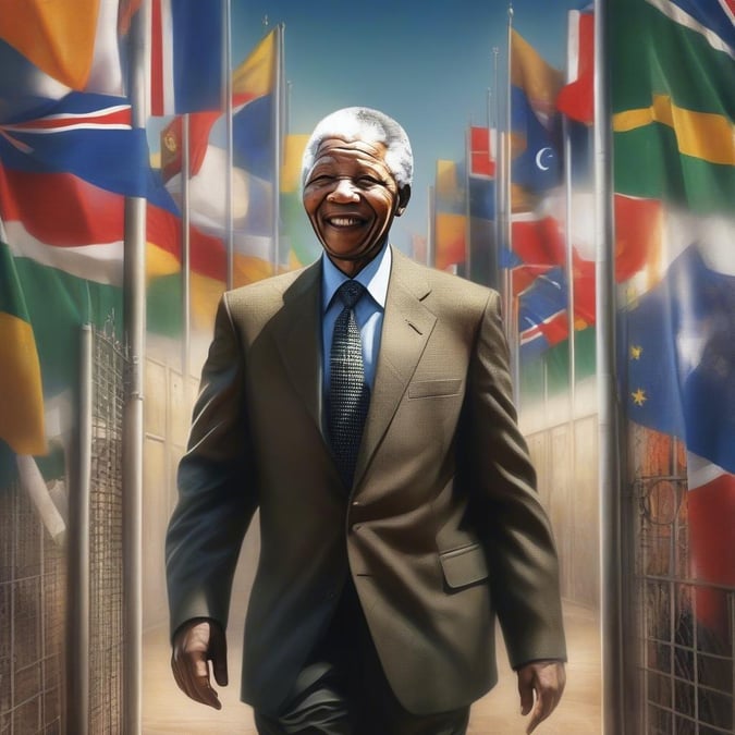 A celebration of the life and legacy of Nelson Mandela, as he walks among the world flags representing his international influence.