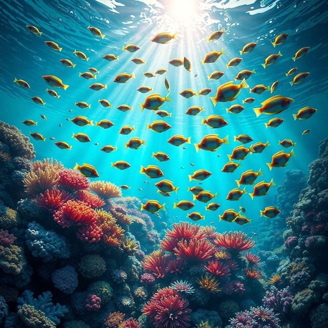 Dive into the vibrant world of coral reefs with this stunning wallpaper featuring a school of yellow fish swimming amidst a kaleidoscope of coral formations. The image captures the beauty and diversity of marine life, inviting you to explore the wonders of the ocean.