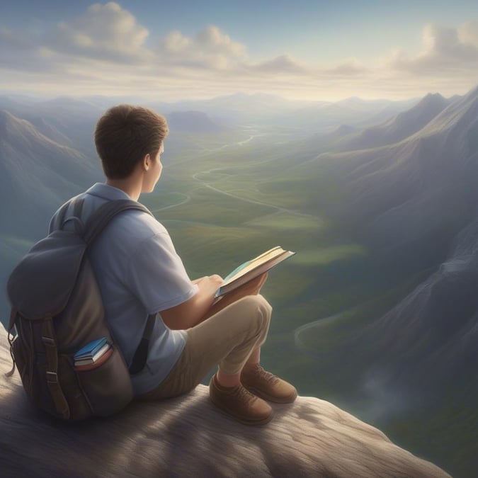 A young graduate, looking out over a breathtaking mountain landscape, takes time to read. The vastness of nature underscores the accomplishment and the next chapter ahead.