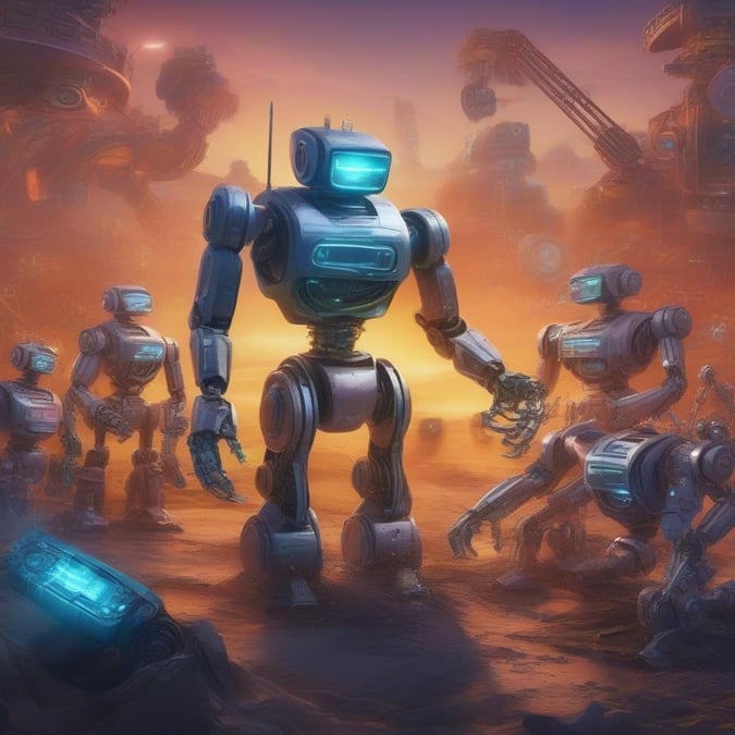 A fantastical scene where robotic entities are seen coexisting with an otherworldly landscape, hinting at a future where technology has evolved to a new level of interconnectedness.