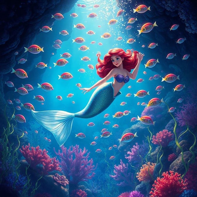 Dive into the enchanting underwater kingdom of Disney's beloved princess, Ariel. Swim with her as she explores a vibrant ocean full of colorful marine life.