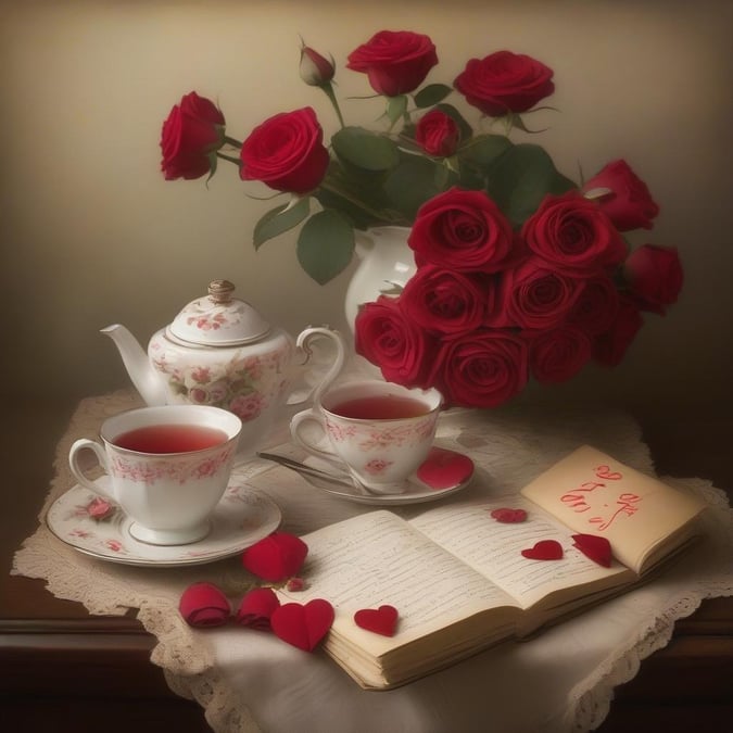 Curl up with a cup of tea and this charming Valentine's Day wallpaper, featuring a vase of red roses and a book of love letters.