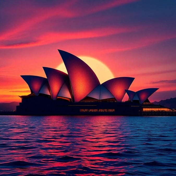 A breathtaking view of the Sydney Opera House as the sun sets over the harbor, casting a warm glow on the building's sails.