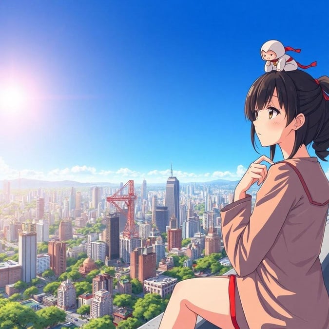 Immerse yourself in the serene beauty of this anime-inspired cityscape, where a young woman and her ninja companion find solace on a rooftop, surrounded by the tranquil atmosphere of a bustling metropolis.