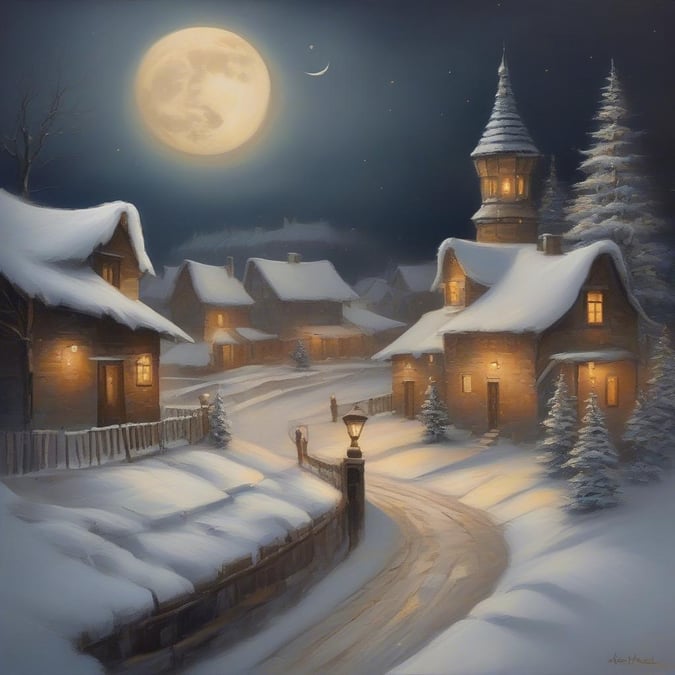 This festive winter scene captures the peaceful charm of a snow-covered village under the glow of the full moon. The cobblestone streets and quaint houses with lit windows create a warm, inviting atmosphere, perfect for a cold winter's night.