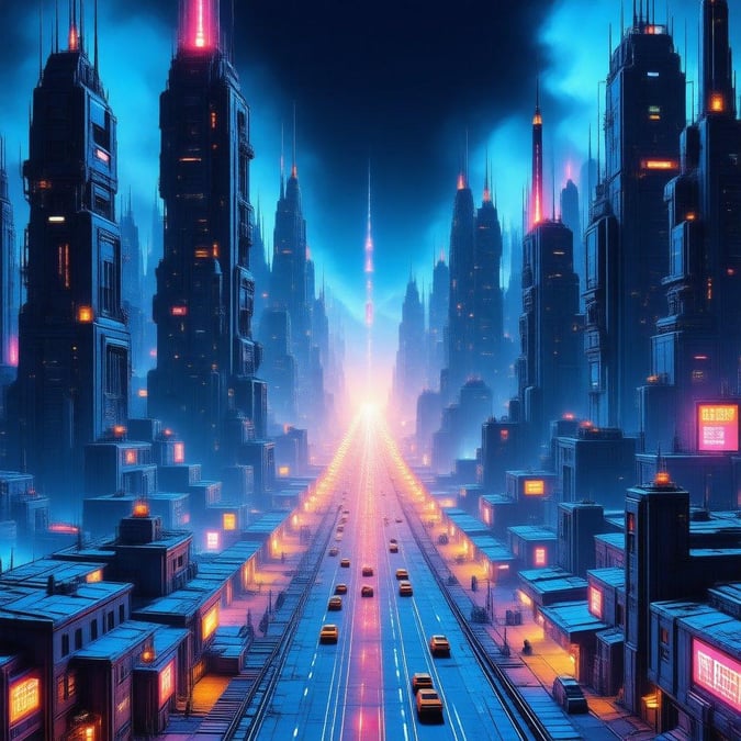 A bustling city skyline at night, with towering buildings and a futuristic vibe.