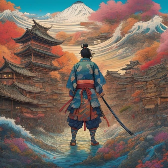 En samurai står som et fyrtårn midt i kaos og overvåger sin landsby, der nu er i fare for en massiv tsunami. Anime-illustrationen bringer en livlig scene til live, fyldt med farver og indviklede detaljer, der legemliggør temaer om magt, modstandskraft og pligt.