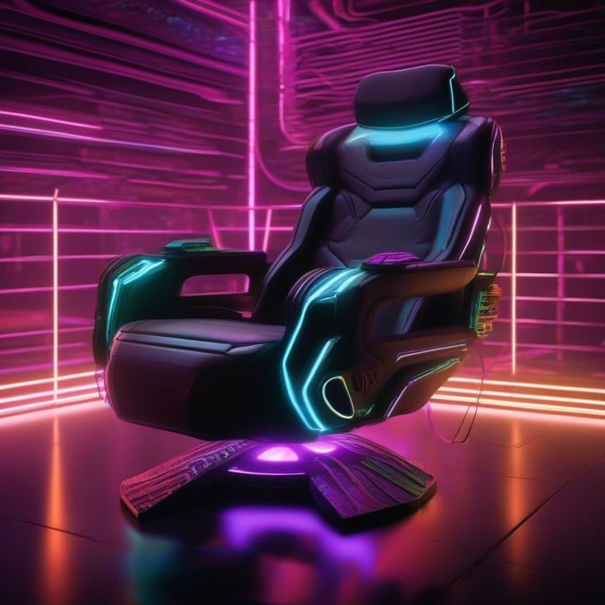 Take your gaming to the next level with this futuristic, cyberpunk-style chair. It features a sleek design with LED lights and buttons that suggest advanced technology for immersive gameplay.