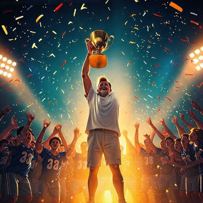 Celebrate Father's Day with this beautiful wallpaper featuring a man holding a trophy, surrounded by confetti and a crowd of people cheering. This image captures the joy and excitement of winning an award, making it a perfect fit for Father's Day.