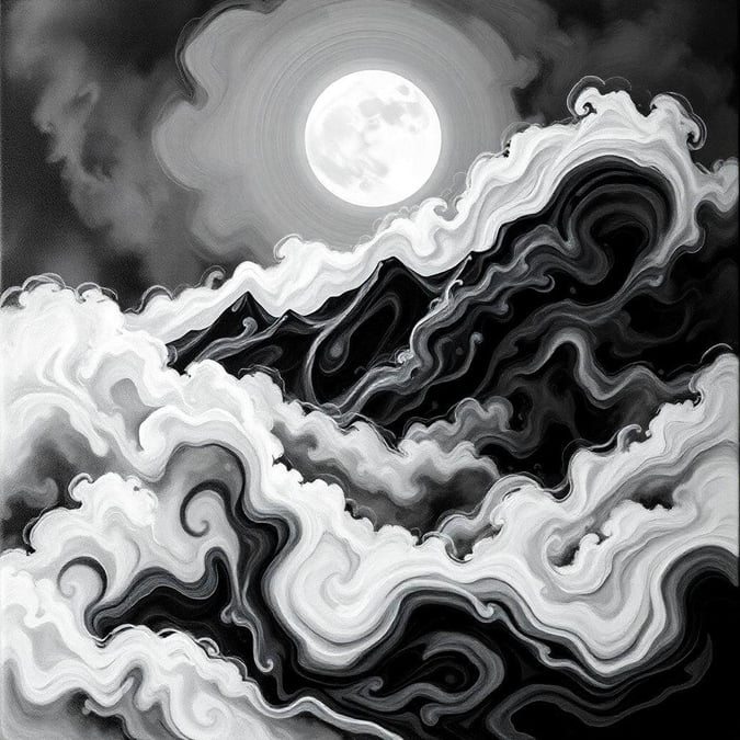 A dramatic black and white ocean scene at night, with waves and clouds illuminated by a full moon. Perfect for desktop or mobile backgrounds.