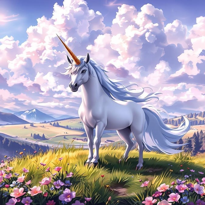 This stunning anime-style wallpaper features a majestic white unicorn with a golden horn and flowing mane, set against a picturesque landscape of wildflowers and fluffy clouds.