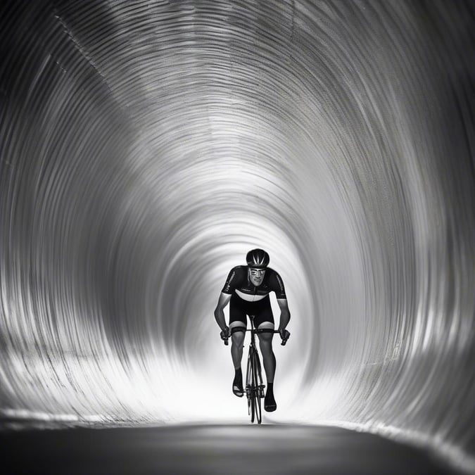 A cyclist wearing a helmet and cycling gear, riding through an illuminated tunnel on the road.