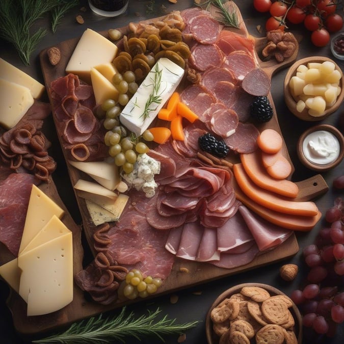 A colorful spread of cured meats, cheeses, fruits, and nuts ready to be enjoyed. A feast for both the palate and the eyes.