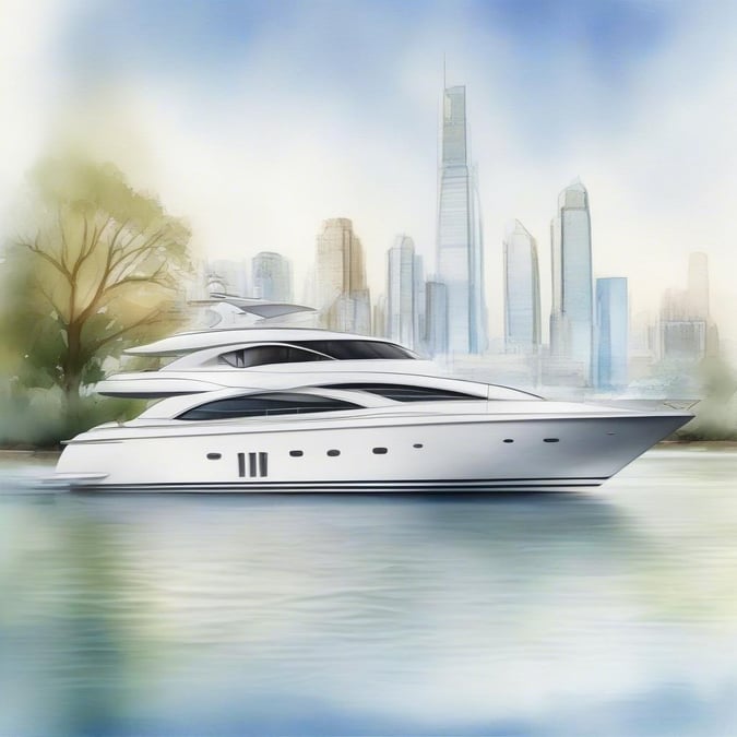 Cruising along the riverside, a luxurious yacht adds elegance to the urban skyline. Perfect for city dwellers seeking relaxation on the water.